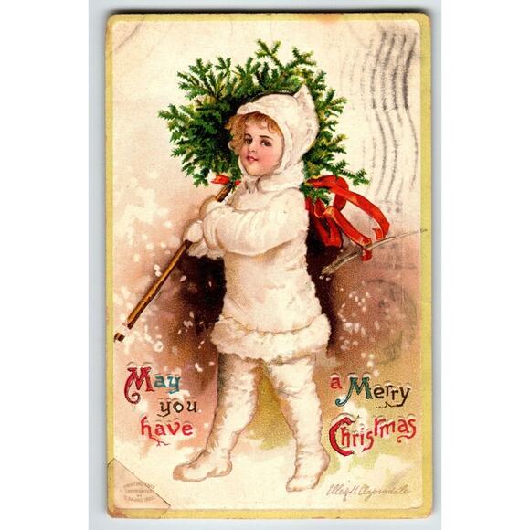Christmas Postcard Ellen Clapsaddle Signed Snowsuit Child With X-mas Tree 1910 - Picture 1 of 2